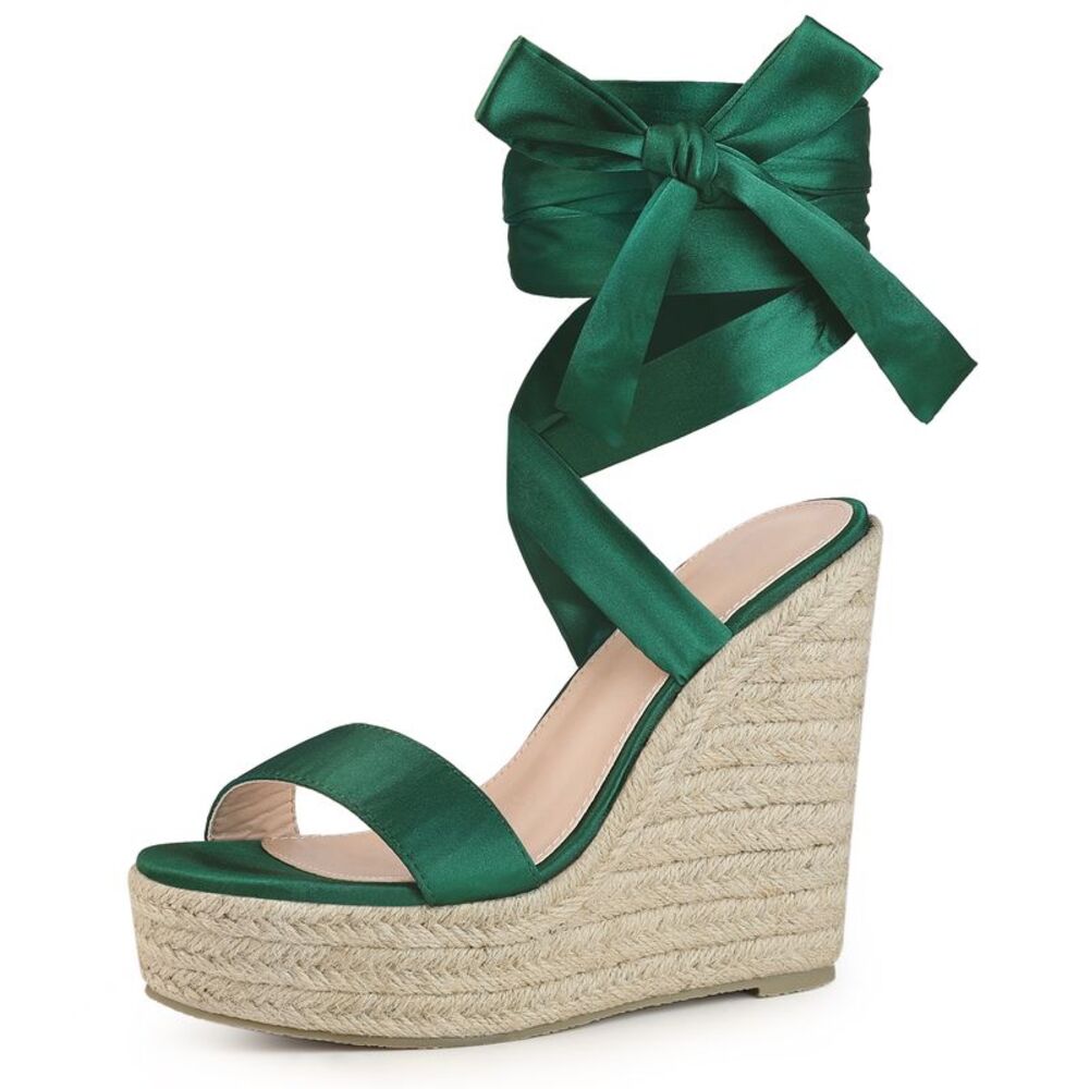 Platform Espadrilles Satin Lace Up Wedge Sandals for Women, Dark Green